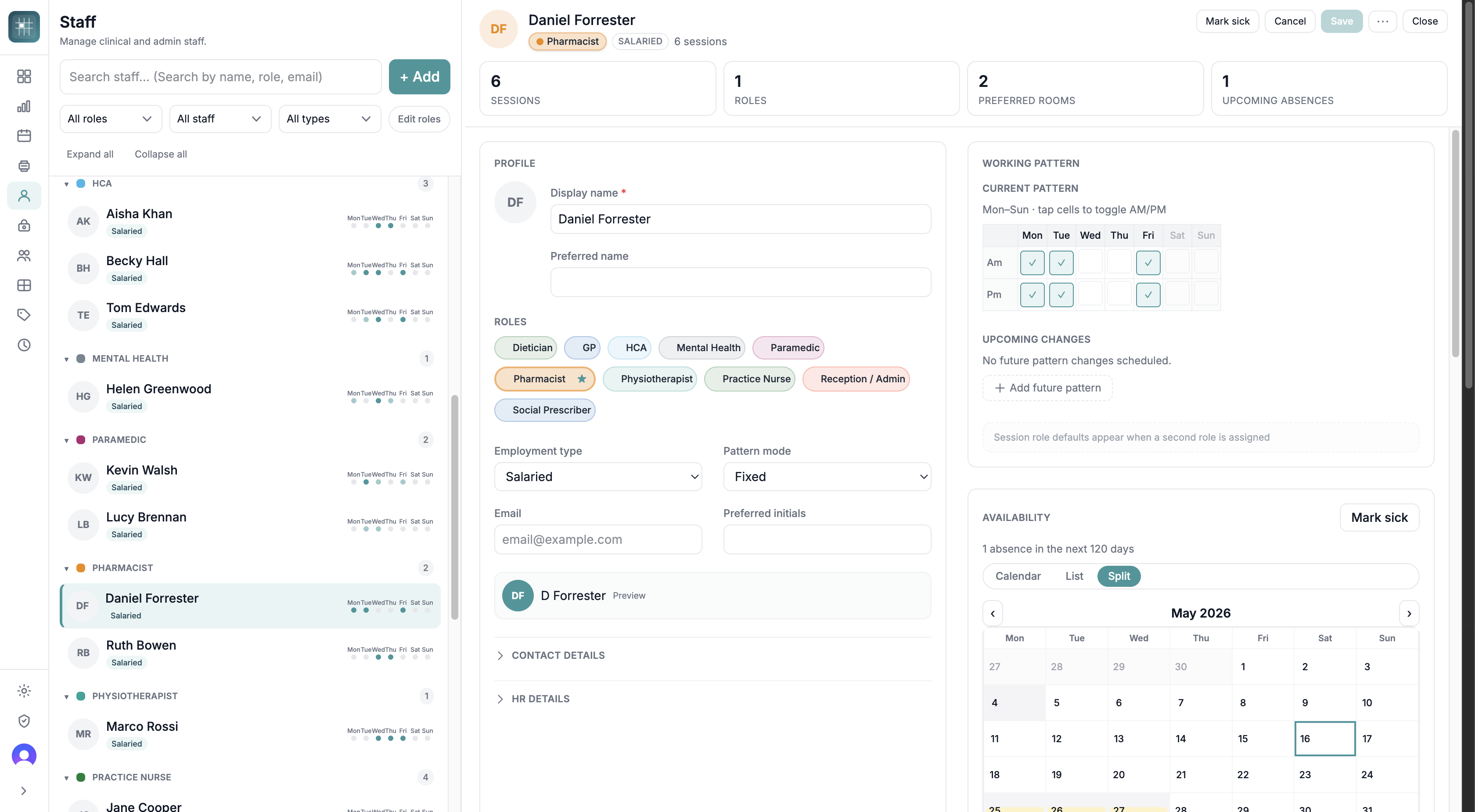 Staff directory on the left grouped by role, with the Daniel Forrester detail panel on the right — showing role pills, the AM/PM working pattern grid for the week, and the availability calendar